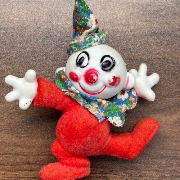 VINTAGE Flocked Circus CLOWN Christmas Ornament Figure White Red Outfit Posing - Picture 1 of 7